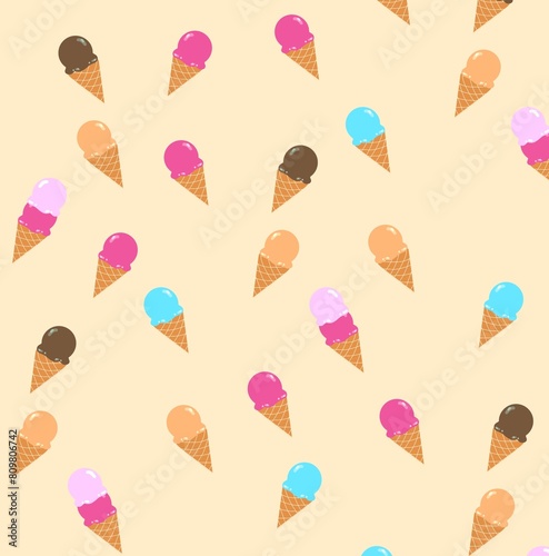  Cute ice cream pattern on yellow color, summer food illustration 