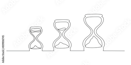 Line drawing of an hourglass with a stream of sand. Set of three vintage timers as countdown concept in simple linear style. Doodle illustration, time speed concept