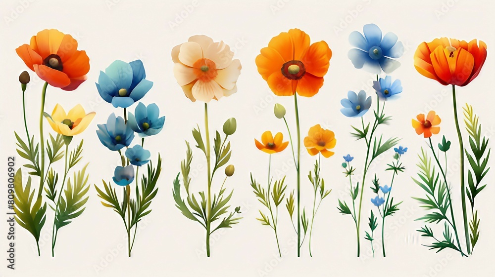 a set of flowers on light background. AI generate illustration
