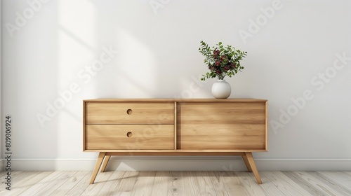 Simple wood cabinet chest of drawers, white blank wall home room interior design