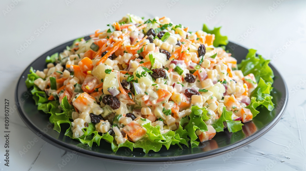 Colorful traditional latvian salad with carrots, potatoes, eggs, beans, and fresh herbs, beautifully served on a modern black plate Colorful traditional latvian salad with carrots, potatoes, eggs, beans, and fresh herbs, beautifully served on a modern black plate