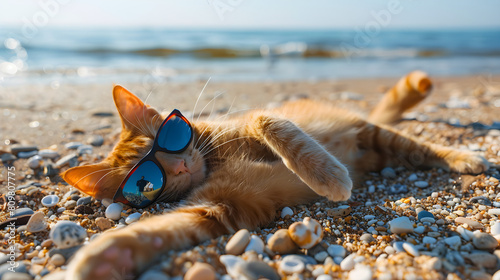 A red-haired cat in sunglasses is resting on the beach