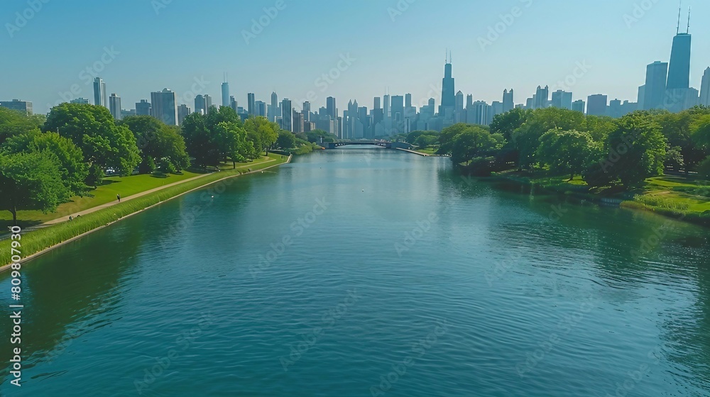 The Chicago river and the city skyline. AI generate illustration