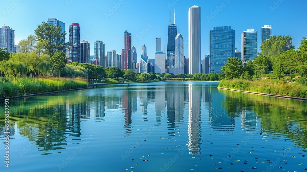 The Chicago skyline is the lake Michigan. AI generate illustration