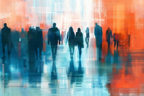 abstract blurred silhouettes of business people at trade fair digital painting