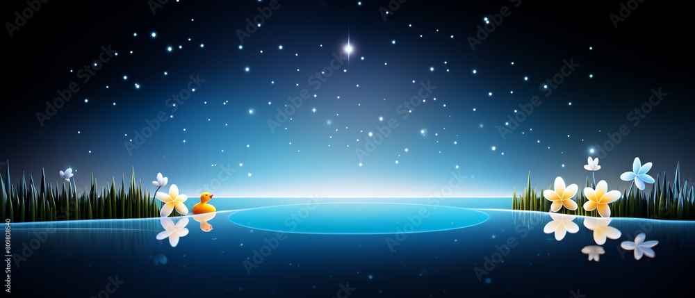 A beautiful night sky with a shining star, a calm lake, and flowers on the shore. A beautiful night sky with a shining star, a calm lake, and flowers on the shore.