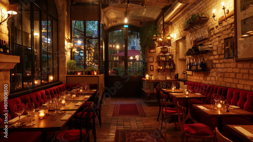 A cozy Parisian bistro at night  warm candlelight  brick walls and red velvet seating