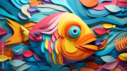 A 3D illustration of a colorful fish made of paper cutouts.