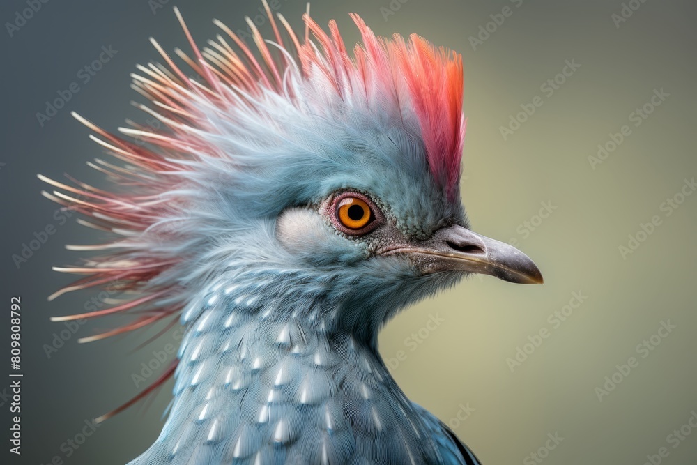 A bird with a pink and blue head and red feathers. The bird has a very colorful and unique appearance A bird with a pink and blue head and red feathers. The bird has a very colorful and unique appearance