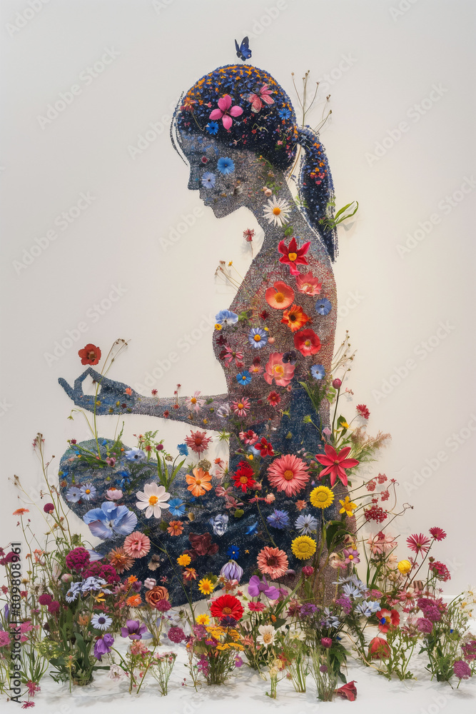 A woman's silhouette from colorful flowers in a meditative pose, set against a white backdrop, ideal for themes of yoga, meditation, and spiritual practices.