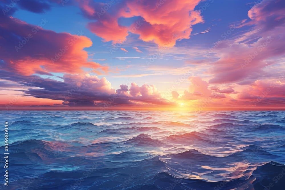 A beautiful sunset over the ocean with a few clouds in the sky. The sky is a mix of pink and blue colors. The water is calm and the waves are small. The scene is peaceful and serene