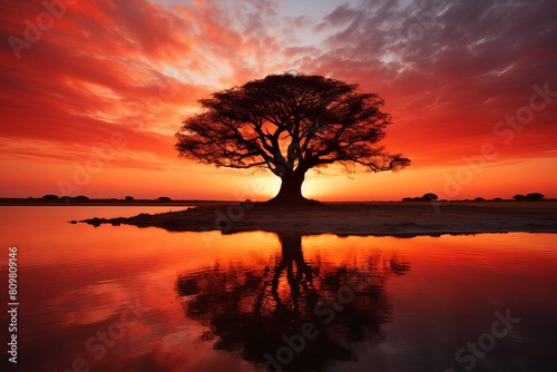 A large tree is reflected in the water of a lake. The sky is orange and the sun is setting