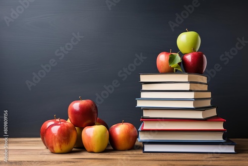 A stack of books and apples on a table. The apples are green and red and are arranged in a pyramid shape. The books are stacked on top of each other, with the top book being the largest