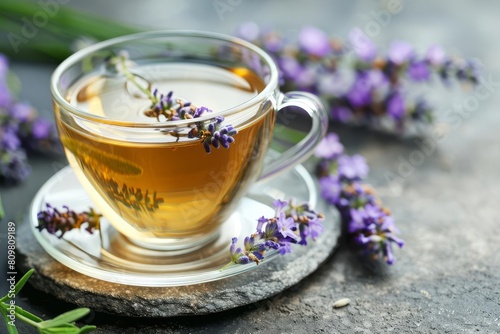 aromatic lavender tea with fresh flowers on stone background herbal drink still life