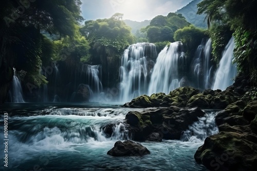 Waterfall  cascading and majestic  isolated on white for natural beauty and power themes