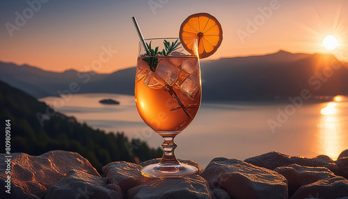 orange cocktail on sunset background, sea, rocks