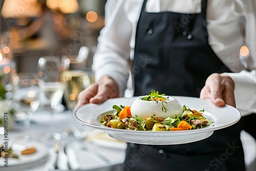 attentive waiter elegantly presenting gourmet vegetarian dish on white plate at upscale event impeccable service and hospitality