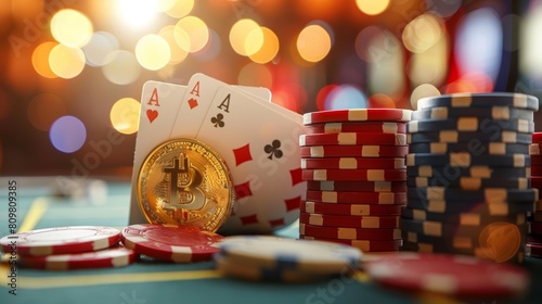A golden Bitcoin sits on a green table next to a stack of red and white poker chips photo