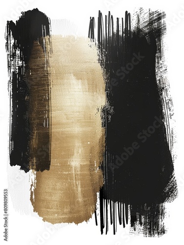 A painting featuring black and gold colors on a white background, showcasing a bold and luxurious aesthetic