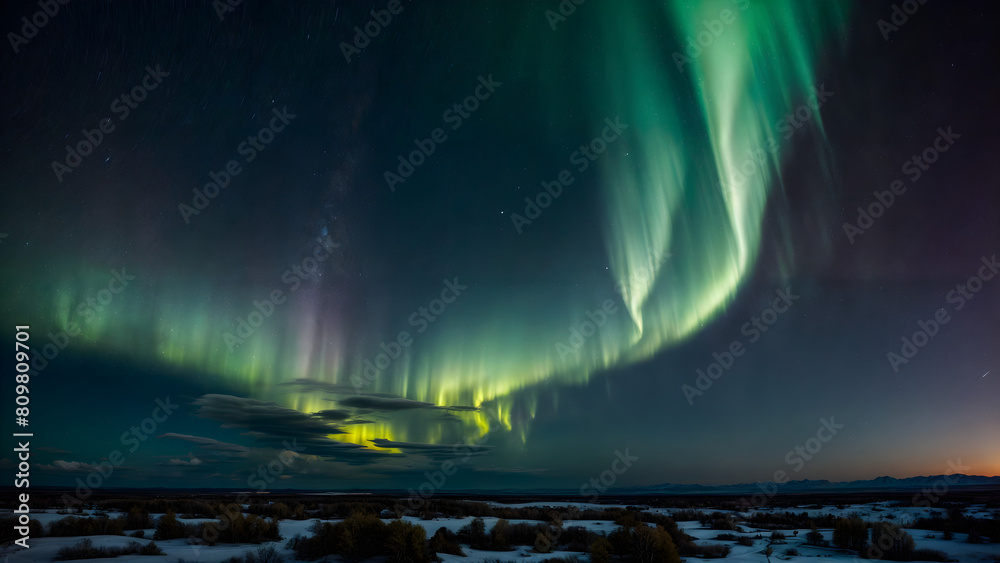 Naklejka premium A beautiful green aurora is seen in the sky over a snowy field. The sky is dark blue and there are a few stars visible. The aurora is made up of many thin lines and is visible from the ground.