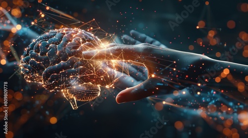 Abstract human hands touching brain organ with digital technology network connections. Generate AI