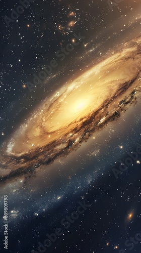 Breathtaking image capturing the essence of a spiraling galaxy with a golden hue surrounded by stars