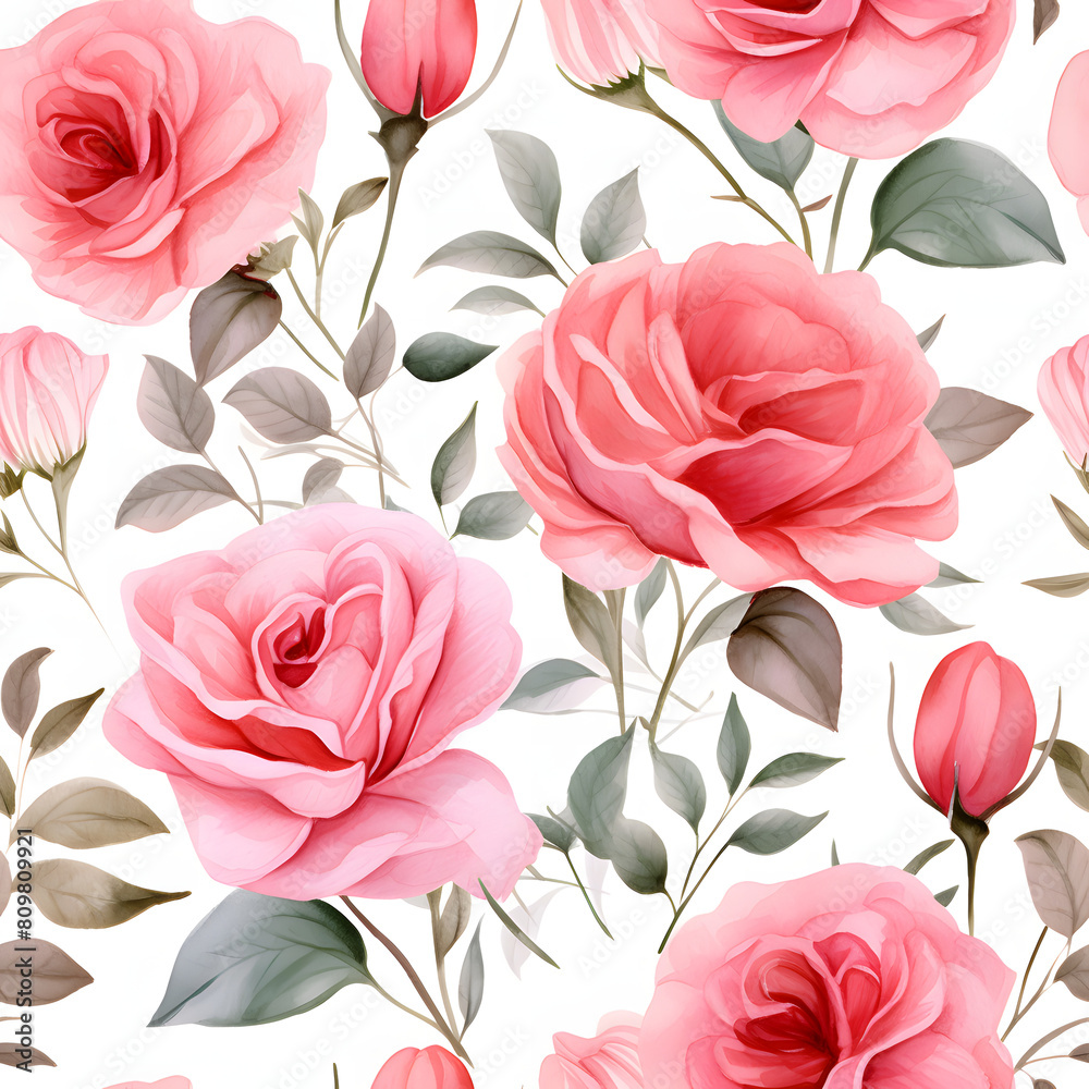 seamless watercolor arrangements with beautiful pink rose flower. Botanical illustration colorful style.