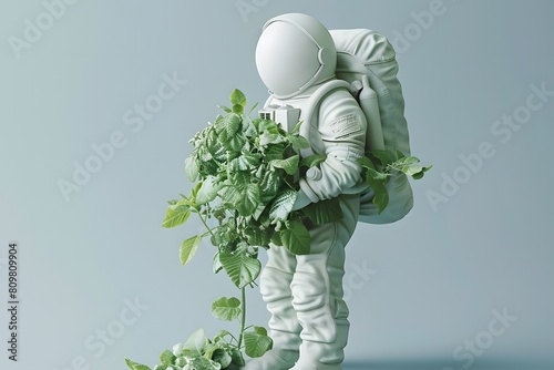 The astronaut is fully covered in a space suit holding an abundance of green plants, alluding to life and sustainability