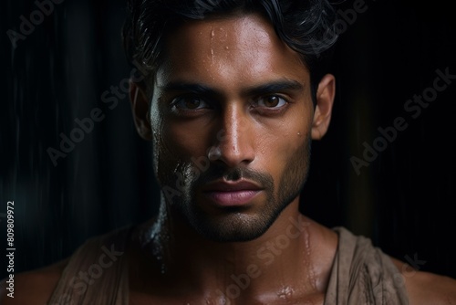 Expressive South Asian male portrait. Cheerful adult man. Generate ai © juliars