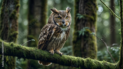 An owl is perched on a mossy tree branch in a forest.A white swan is on a lake with its wings spread. The sun is shining on the water and trees are visible in the background.