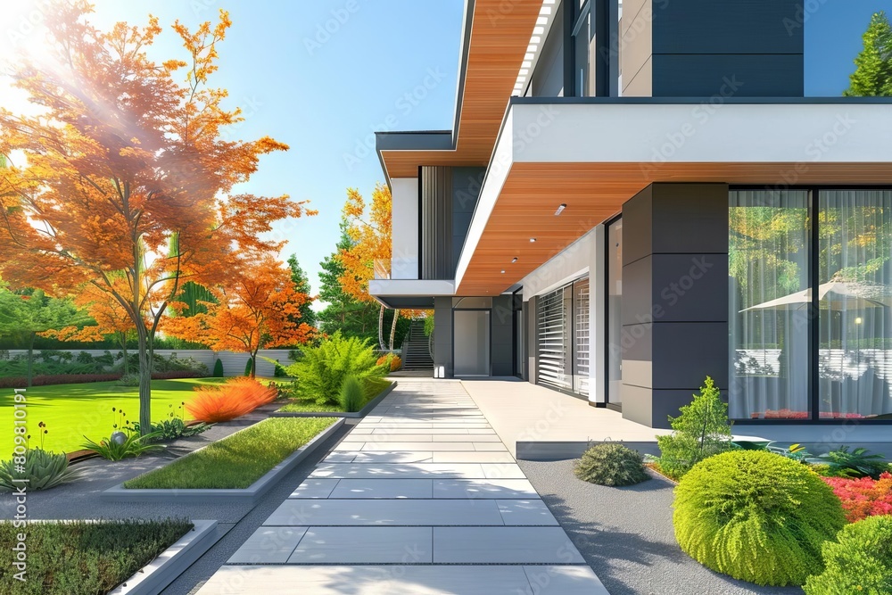 beautiful modern home exterior with landscaped garden architectural 3d illustration beautiful modern home exterior with landscaped garden architectural 3d illustration