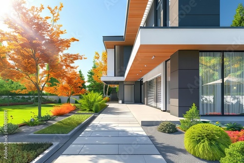 beautiful modern home exterior with landscaped garden architectural 3d illustration