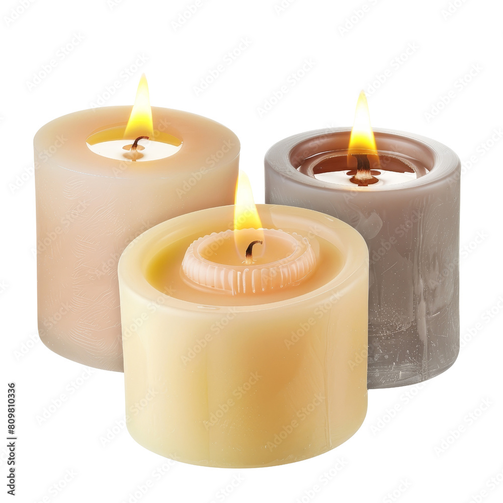 Set of three scented candles, isolated on transparent background for home decor and relaxation ads Set of three scented candles, isolated on transparent background for home decor and relaxation ads