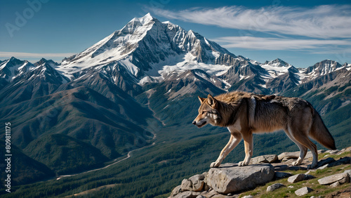 A lone wolf stands on a rocky outcropping in front of a snow-capped mountain range. 