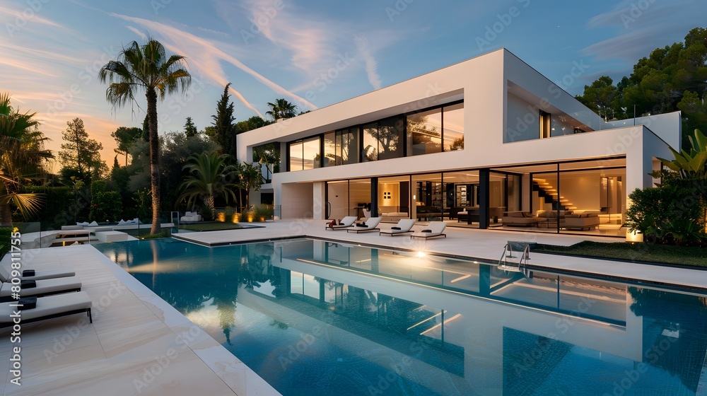 Obraz premium pool, hotel, swimming, water, resort, luxury, holiday, vacation, palm, summer, house