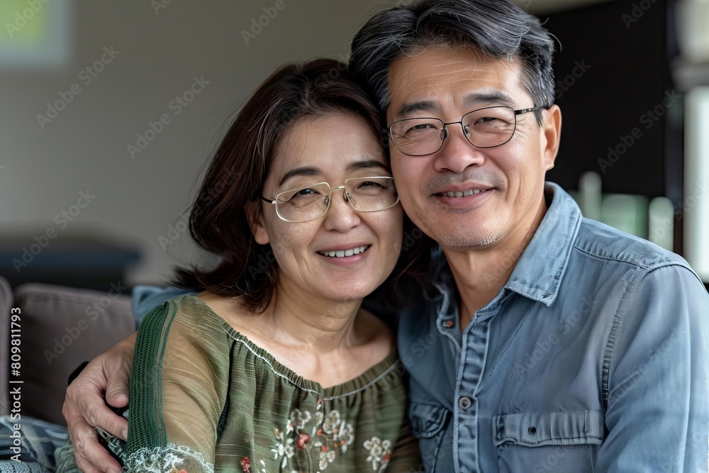 cheerful asian couple portrait smiling happily at the camera authentic lifestyle photography