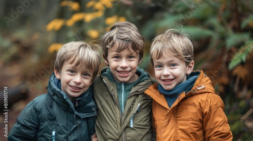 Three brothers have fun hiking in the forest. © suteeda