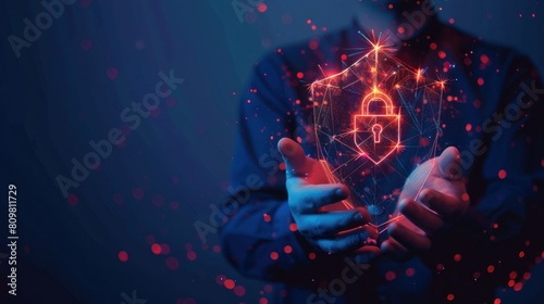 Closeup businessman hold digital glowing shield with padlock security technology. Generated AI