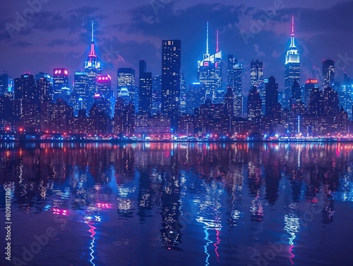 Dramatic Night View of a City Skyline with Vibrant Neon Lights and Water Reflections, Urban Architecture
