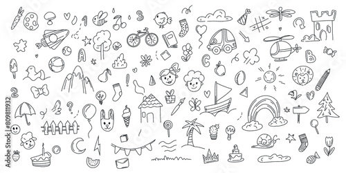 Doodle set of objects from a child's life drawn by hand, including toys, food, plants and things for sports and creative activities, a rocket. rainbow Children's graphics