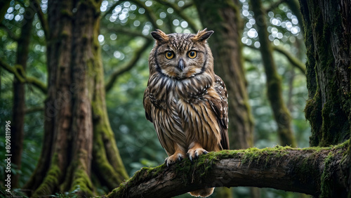 An owl perched on a mossy tree stump staring forward