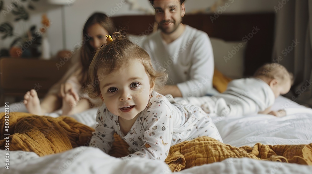 Toddler and little sister playing on bed with parents Toddler and little sister playing on bed with parents