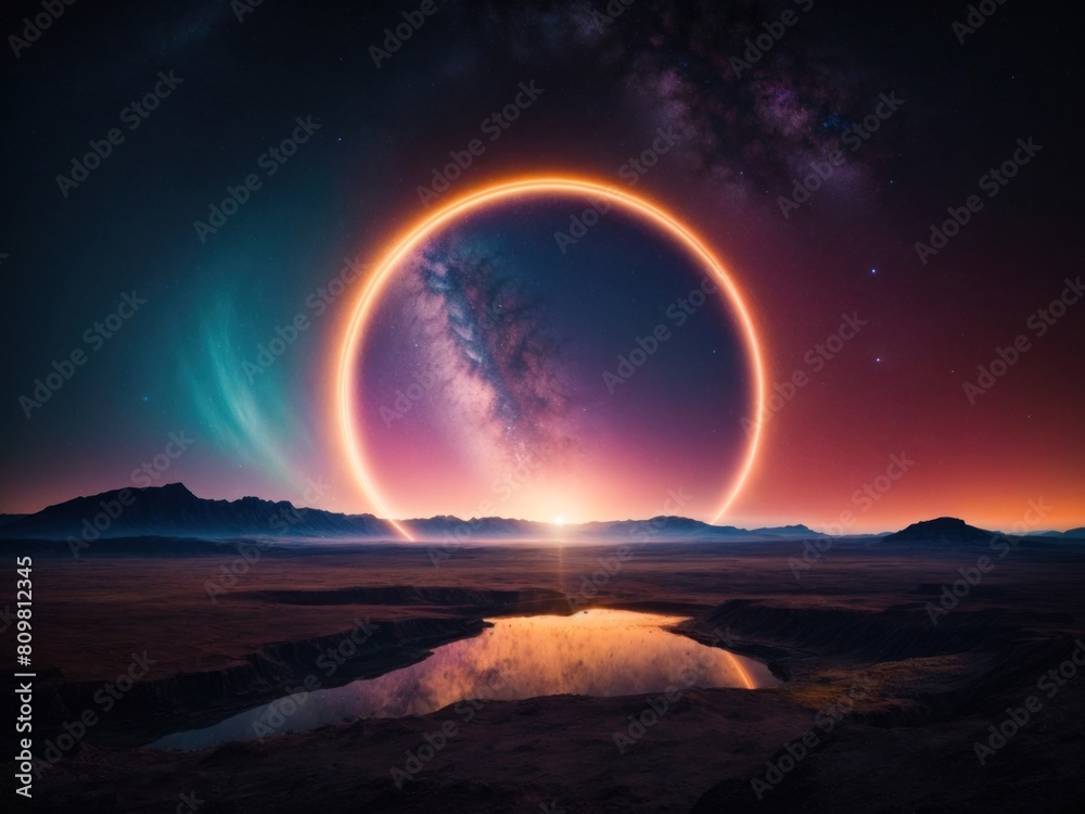 Abstract background of a cosmic landscape with a round ring Abstract background of a cosmic landscape with a round ring