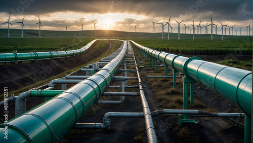 oil refinery at sunset,green energy pipeline.