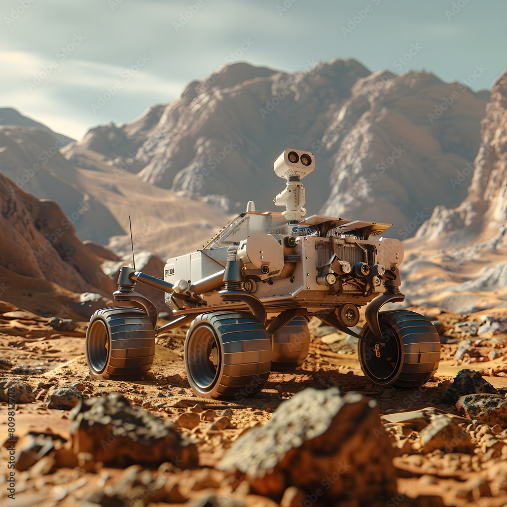 Futuristic 3D Rendering of Planetary Rover Exploring Martian Desert Landscape