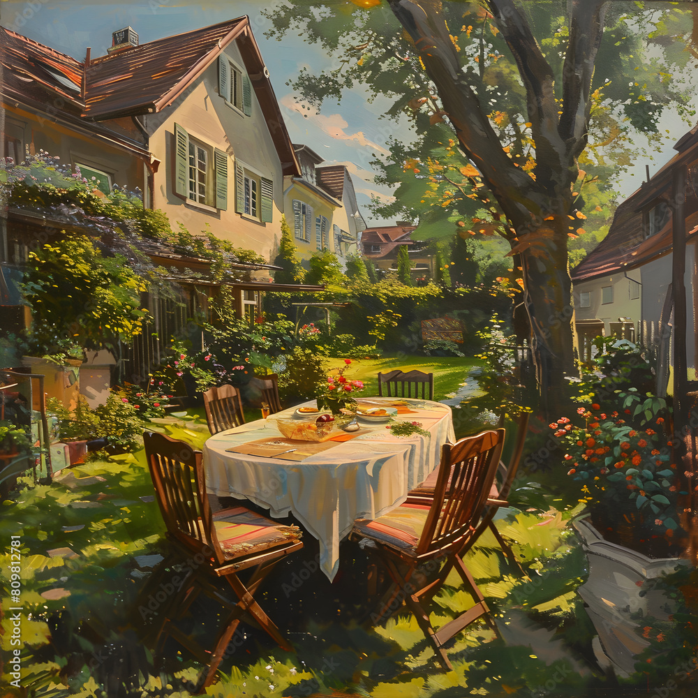 Obraz premium dining table in the garden AI generative