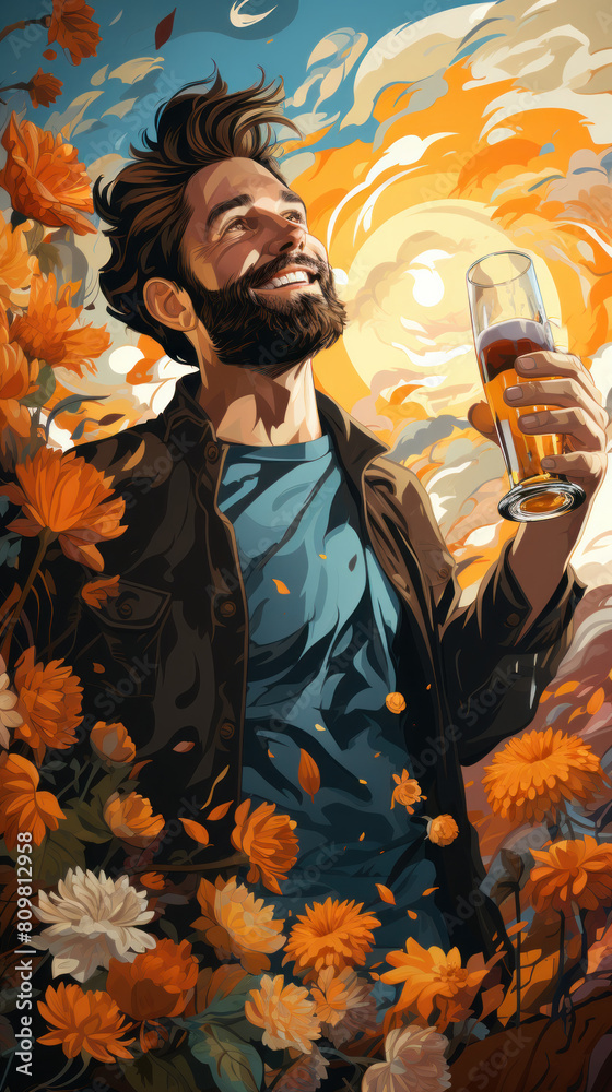 Fototapeta premium Joyful Man Enjoying a Beer Amidst Autumn Flowers, Vibrant Outdoor Celebratory Scene