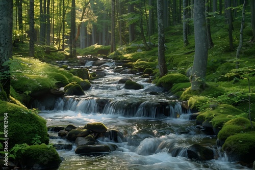 Sunlight filtering through dense forest moss-covered rocks stream trees