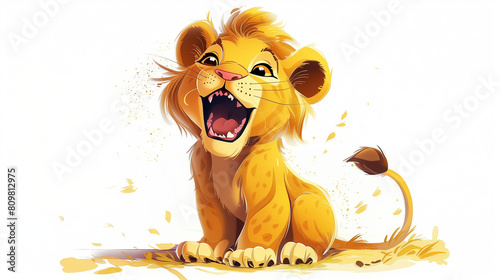 A jubilant lion cub practicing its roar, its mane tousled and adorable, chibi illustration, cute animals
