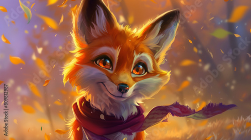 A playful fox with big, expressive eyes and a mischievous grin, adorned with colorful accessories like a ribbon or scarf, anime illustration, animals